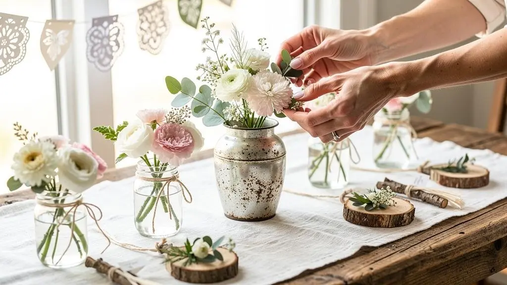 Décorations de mariage faites maison élégantes avec bocaux fleuris, éléments naturels et créations artisanales disposées avec soin