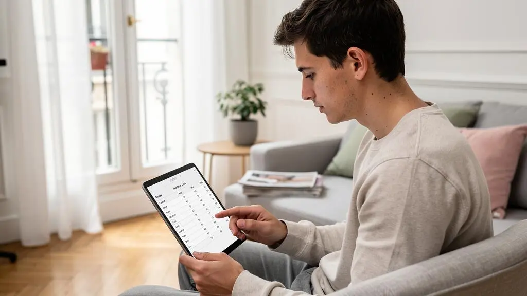 Une personne utilise une tablette pour gérer et suivre le budget de son mariage dans un intérieur moderne et lumineux