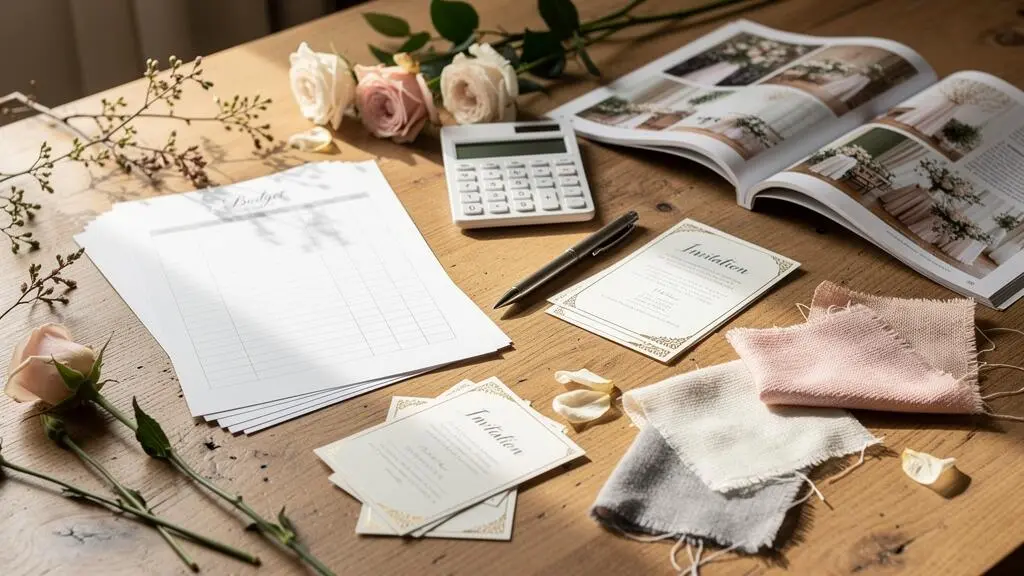 Table de planification de mariage avec documents budgétaires, calculatrice et échantillons décoratifs disposés de manière organisée